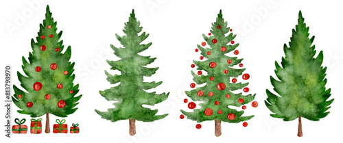 Set of hand drawn watercolor Christmas trees decorated with red gift boxes and balls. Handmade not AI