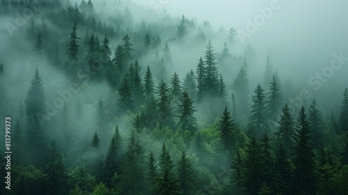 The dense fog blankets the Pacific Northwest forest, creating a mystical atmosphere in Washington State.