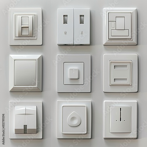 Samples of plastic switches and sockets of various shapes and colors.