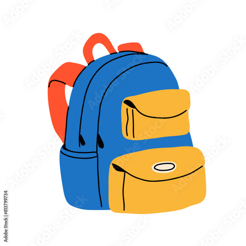 different school backpack and schoolbag. Back to school, collection of children bags. Hand drawn vector illustration isolated on white background. Modern flat cartoon style