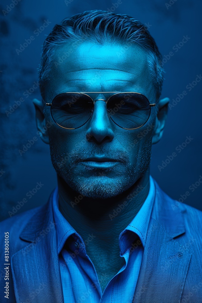 A man in a suit and sunglasses with his eyes closed, AI A man in a suit and sunglasses with his eyes closed, AI