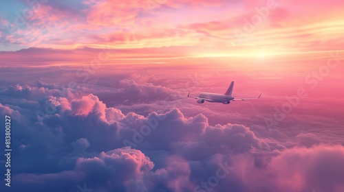 pink and purple sky with a plane flying through it. The sky is filled with fluffy clouds and the sun is shining brightly. Concept of freedom and adventure, Travel or Love, Airplane