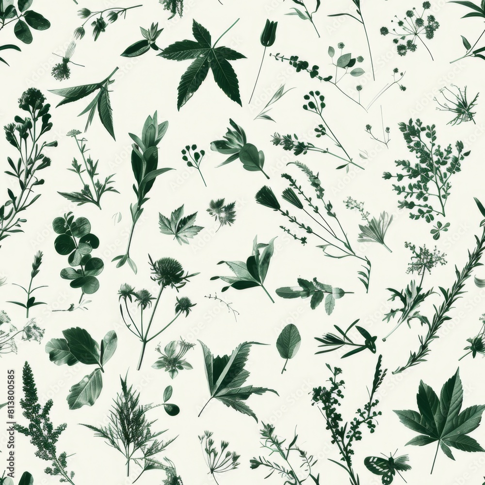 Fototapeta premium Seamless Botanical Pattern of Green Leaves and Herbs on a White Background