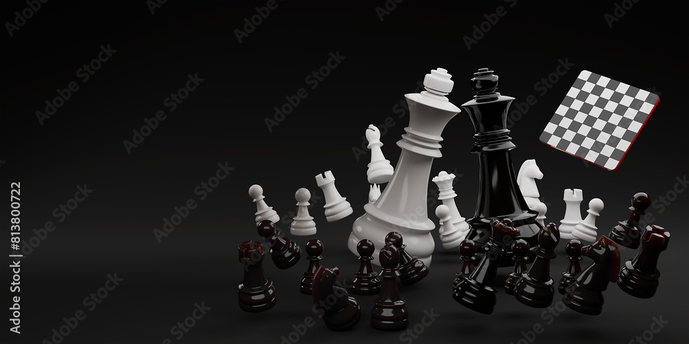 Chess and chessboard. 3d render. Space for text.