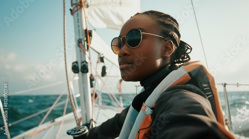 Black woman practicing sailing sport, person is focused and enjoying the sport, sports photography