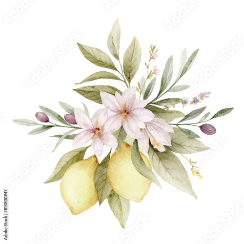 Watercolor vector bouquet with lemons, olives and green foliage. Yellow tropical fruits and leaves arrangement. Hand painted botanical illustration. Design for cooking magazines, decor, invitations.