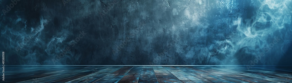 A vacant studio space with a textured deep blue wall, creating a mysterious atmosphere for showcasing products.