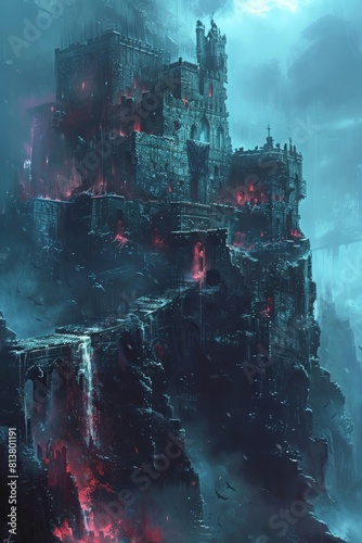 The ghostly figure of the undead king hovers menacingly above the crumbling remains of his once mighty castle, his ethereal form a haunting reminder of a long-lost kingdom. photo