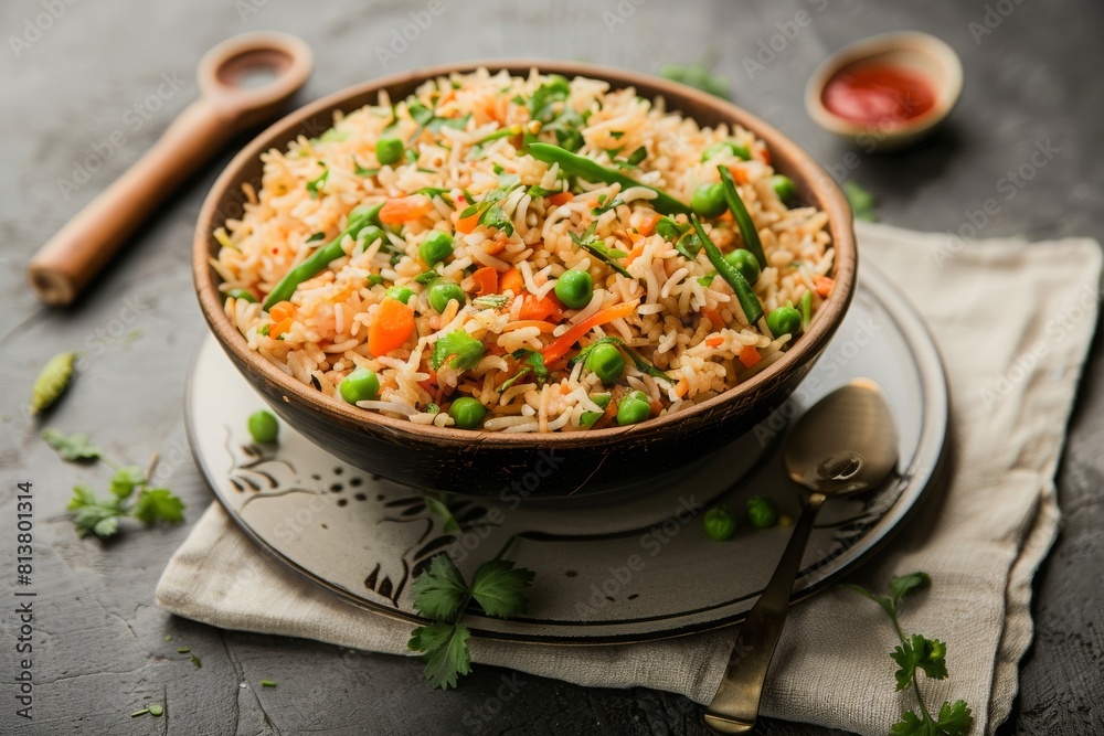 Veg biryani or veg pulav/pulao, pilaf Fried rice in a copper bowl ...