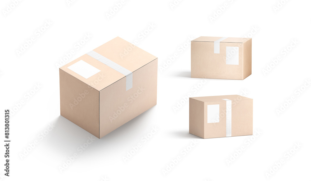 Blank white shipping label on craft box mockup, different sides Blank white shipping label on craft box mockup, different sides