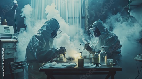 Using canisters and beakers, two clandestine chemists prepare drugs in the abandoned building, mixing toxic chemicals and creating smoke. photo