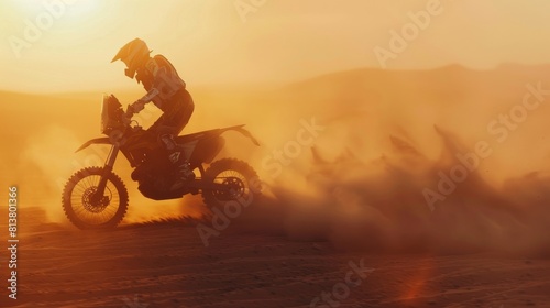 The professional Motocross Motorcycle Rider is driving on the Dune, it's sunset, and the track is covered with smoke, dust, and dirt. The camera is blurred. © Антон Сальников