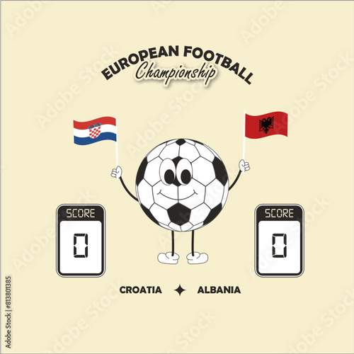 European Football Championship. Match between Croatia and Albania. Balloon character holding the flags of both countries. Determinate pointage. Game bets. illustration for matches. Forecast