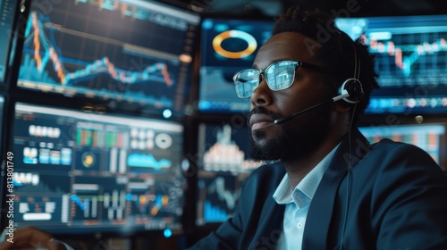 In the Stock Exchange Firm Office  a broker makes phone sales while surrounded by his multi-ethnic stock traders. The graphs and numbers displayed on the screens are relevant to the trades being