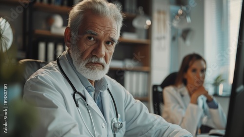 A Senior Medical Practitioner using his desktop computer in his office. His assistant works in the background.