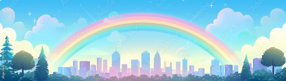 Soft rainbow arch over tranquil cityscape in a panoramic pastel-colored sky