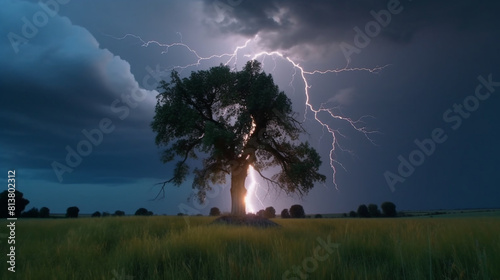 Lightning strikes a tree. AI Generated