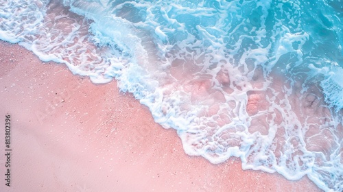 Top view of amazing pastel pink blue beach , copy space available, beautiful beach with pink water and pink sand, summer, water
