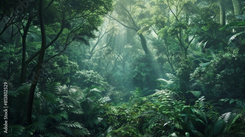 Tropical dense forest and environmental technology, green jungle with many leaves and plants. serene and peaceful mood, representation of nature's beauty and tranquility, landscape