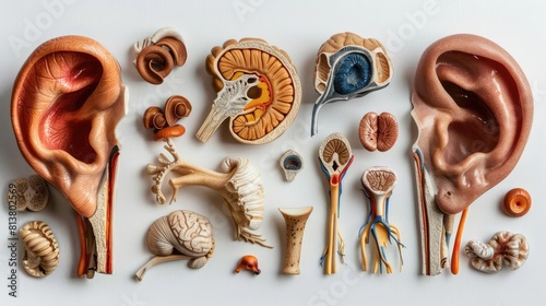 Anatomical model of the human ear, from outer to inner components, audiology educational tool, isolated on white