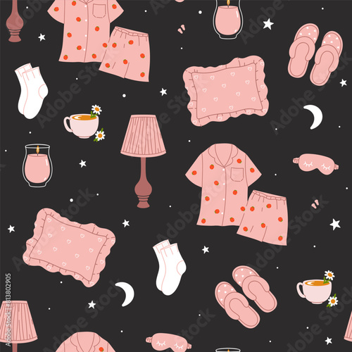 Seamless pattern with sleep items on a dark background. Vector graphics.