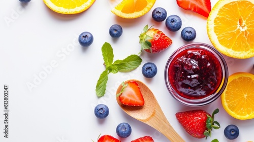Strawberry  orange and blueberries jam with wooden spoon isolated on white background