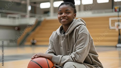 smiling female athlete in a tracksuit, holding a basketball, gym in the background photo