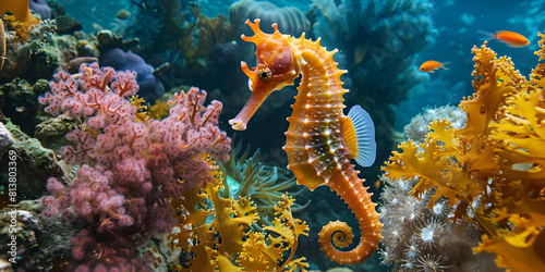 Graceful Seahorse Glides Amidst Vibrant Coral Gardens, Awe-Inspiring Underwater Scene