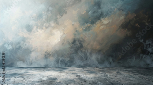A traditional, realistic painting of Smokey background with concrete floor