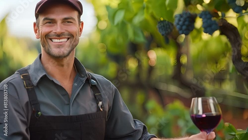 male winemaker in a vineyard, smiling with a glass of wine, vineyard rows behind photo