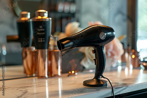 A professional salon-grade hair dryer with an ion generator, reducing frizz and enhancing shine. photo