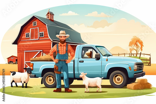 Farming and agriculture concept. Smiling male farmer stand in front of animals at farm after work and harvest. Cartoon flat illustration