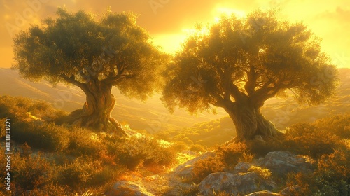 two olive trees with bright sunburst  sunlit  light, idea for revelation 11, Generative Ai photo