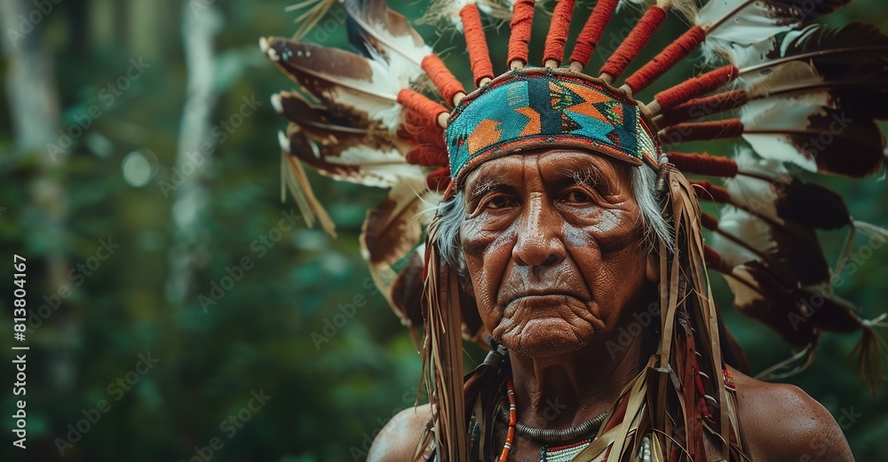 An old native American man wearing traditional totemic headdress and animal skin.