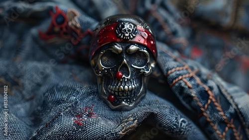 Piratethemed metallic skull pin with red and black flag symbolizing danger and hacking. Concept Pirate Theme, Skull Pin, Metallic Finish, Red and Black, Flag Symbol photo