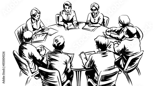 Vector sketch of roundtable discussion meeting in the office with employees