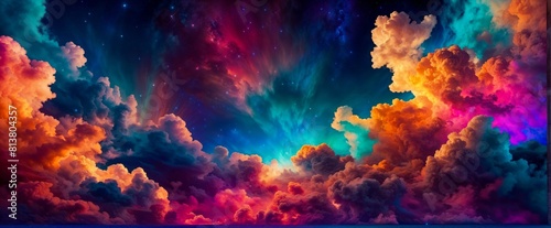 Ultra wide angle horizontal shot of fluffy clouds cinematic, colorful aura photo