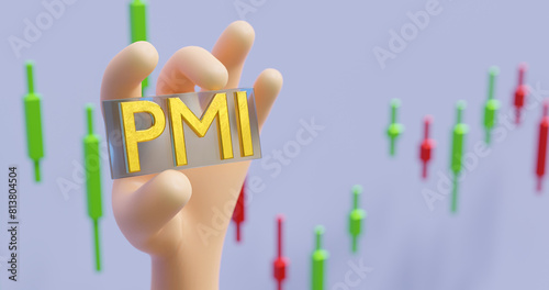 Purchasing managers' indexes PMI with hand, Economic indicators derived from monthly surveys of private sector companies, 3d rendering