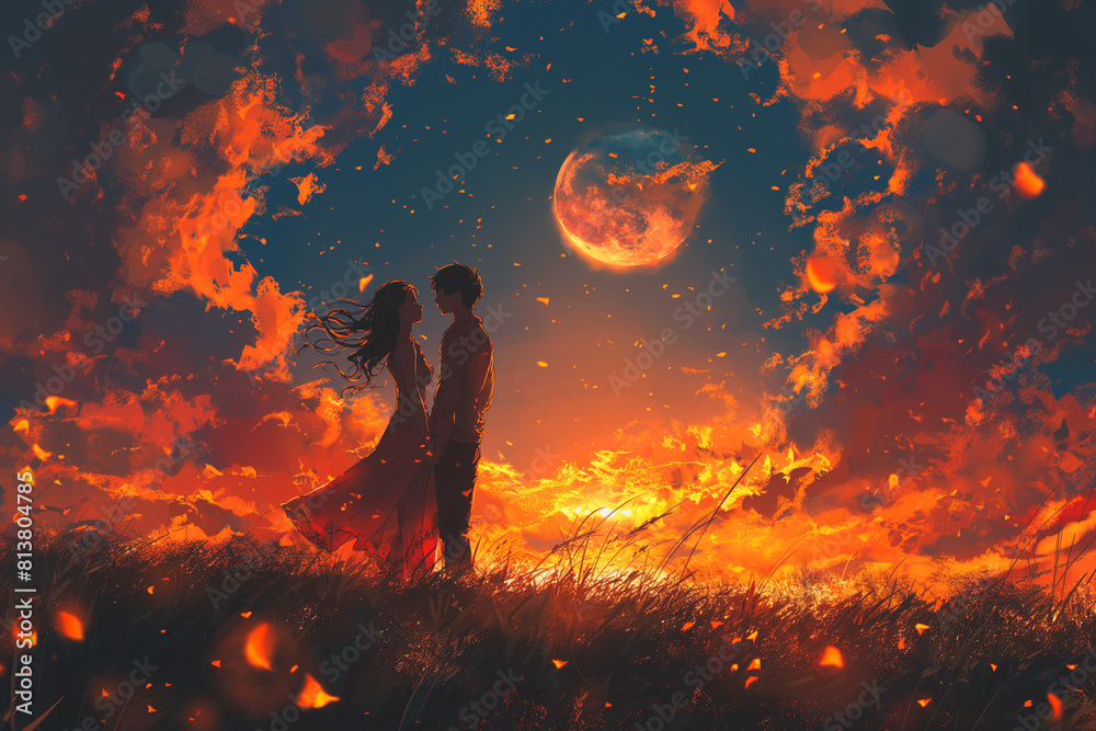 A couple is standing in a field of grass with a large red moon in the background A couple is standing in a field of grass with a large red moon in the background