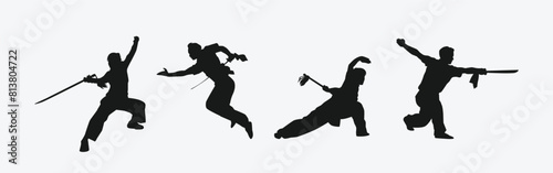 Wushu silhouettes set. Martial arts, wushu athletes. Different action, movement, pose. Graphic vector illustration.