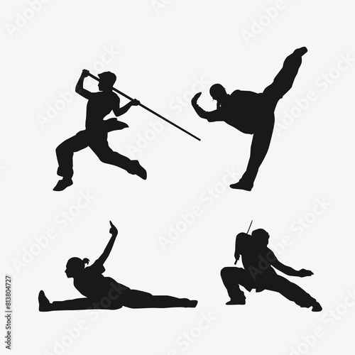 Wushu silhouettes set. Martial arts, wushu athletes. Different action, movement, pose. Graphic vector illustration.