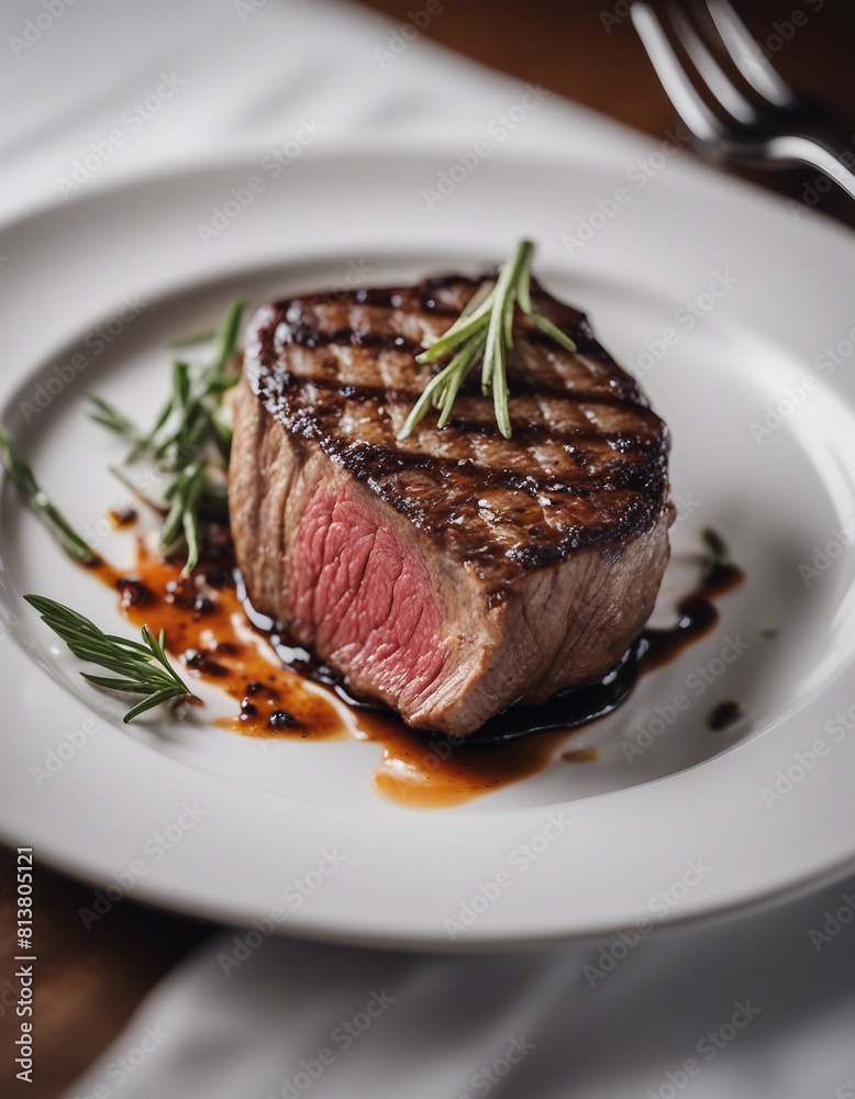 perfectly grilled steak on white plate at luxury restaurant, bright background
