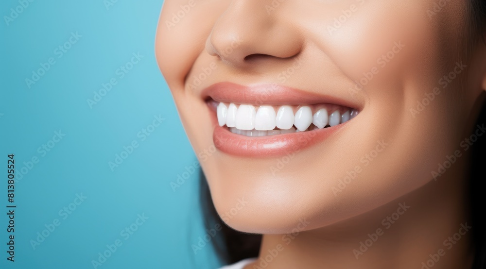 Fototapeta premium Close up of a beautiful young woman smiling with healthy white teeth on a blue background