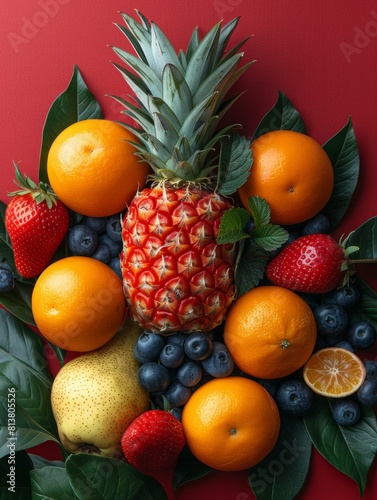 Fresh tropical fruits isolated on red defocused background  strawberry pear pineapple orange organic  close up natural detox juice fruit   Vibrant Tropical Fruits on Red Defocused Background - 4K HD Wal