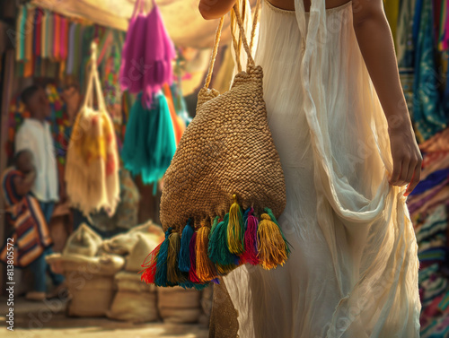 A handwoven, straw messenger bag with colorful tassels, slung over the shoulder of a person wearing a flowing white dress, photo