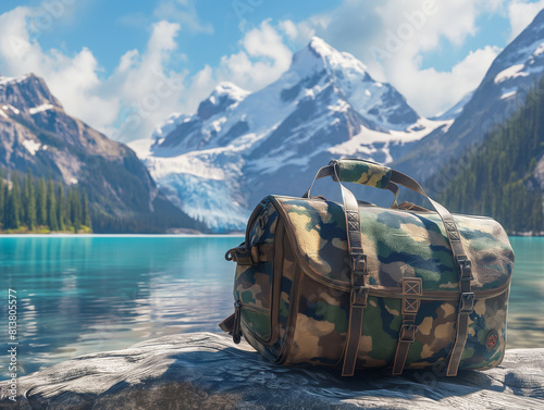 A functional, canvas weekender bag in a camo print, overflowing with hiking gear, propped open against a backdrop of snow-capped mountains and a crystal-clear lake. photo