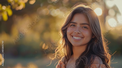 Stunning portrait of a gorgeous Hispanic woman stepping into focus with a charming smile.