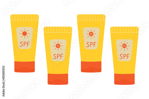 Sun safety kit. Tubes with sunscreen cosmetics. Cream with SPF to protect the skin. Vector illustration.