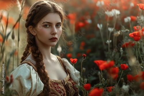 close up portrait of cute happy smiling young pretty woman wearing 18th century Regency outfit  in flower garden, Generative Ai	
 photo