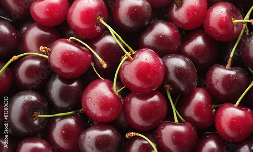 Fresh and ripe cherries, varying in shades of red from bright to dark, appearing juicy and ready to eat. The lighting highlights the natural glossiness of the cherries’ surface.